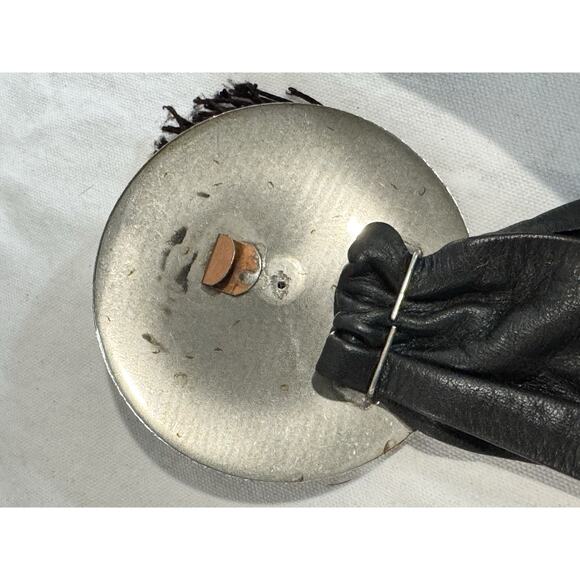 Vtg Black Leather Belt Silver Buckle Tassel Reynold Mejer Metal Petals Studio - Picture 3 of 7